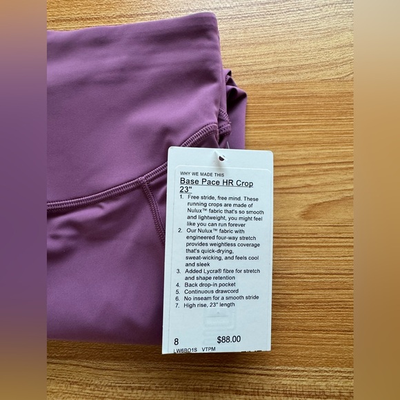 Lululemon Base Pace HR Crop 23” Size: 8 in Vintage Plum - Picture 6 of 6